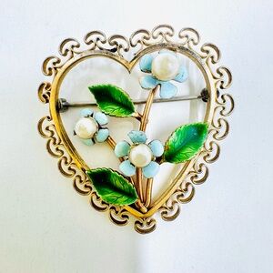 1980's Rare Vintage Krementz Filigree Brooch Gold Heart Brooch with Blue Flowers